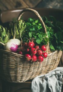 Clube da Horta - cesta cheia de verduras orgânicas frescas e verdes